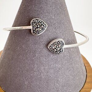 VTG Sterling Silver 925 Marcasite Heart Bypass Bangle Bracelet Size 8" Fit